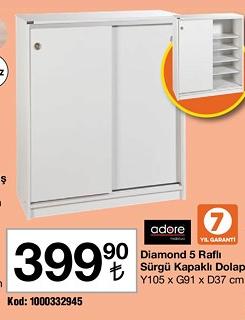 Adore Diamond 5 Raflı Sürgü Kapaklı Dolap Y105 x G91 x D37 cm image