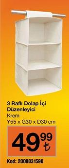 3 Raflı Dolap İçi Düzenleyici Krem Y55 x G30 x D30 cm image