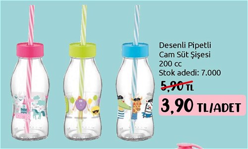 Desenli Pipetli Cam Süt Şişesi 200 cc image