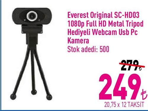 Everest Original SC-HD03 1080 Dp Full Hd Metal Tripod Hediyeli Webcam Usb Pc Kam image