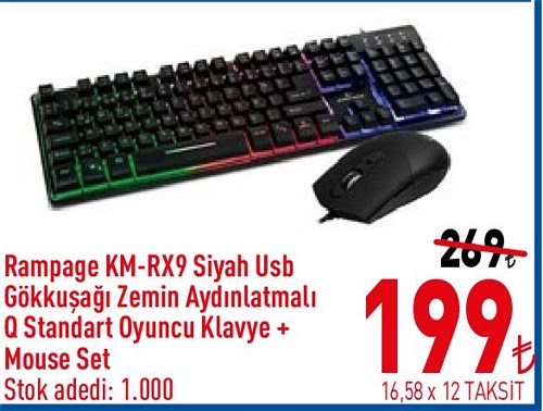 Rampage KM-RX9 Siyah Usb Gökkuşağı Zemin Aydınlatmalı Q Standart Oyuncu Klavy+Mo image