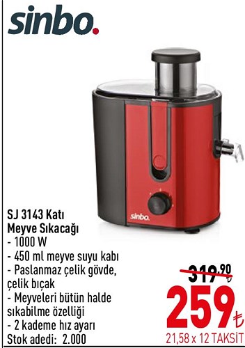 Sinbo SJ 3143 Katı Meyve Sıkacağı 1000 W image