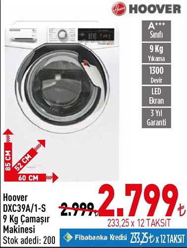 Hoover DXC39A/1-S 9 Kg Çamaşır Makinesi image