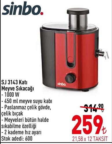 Sinbo SJ 3143 Katı Meyve Sıkacağı 1000 W image