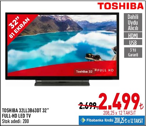 Toshiba 32LL3B63DT 32" 81 Ekran Full-HD Led Tv image