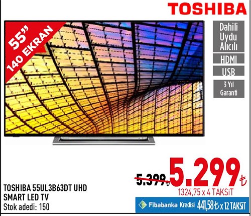 Toshiba 55UL3B63DT 55" 140 Ekran Smart Led Tv image