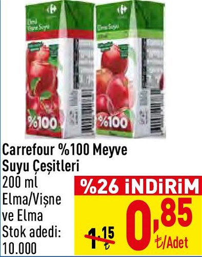 Carrefour %100 Meyve Suyu Çeşitleri 200 ml image