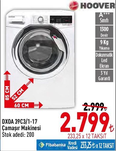 Hoover DXOA 39C3/1-17 A+++ Çamaşır Makinesi image