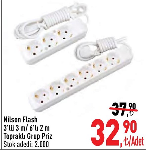 Nilson Flash 3'lü 3 m/6'lı 2 m Topraklı Grup Priz image