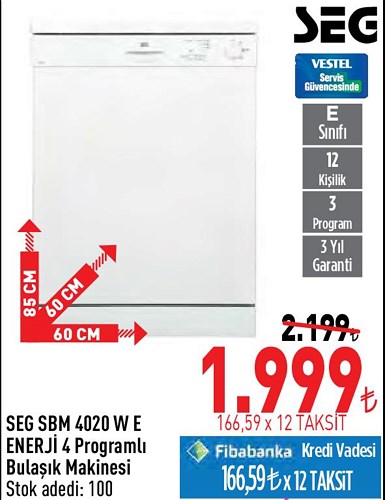 Seg SBM 4020 W E Enerji 4 Programlı Bulaşık Makinesi image