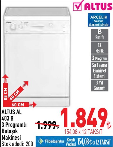 Altus AL 403 B 3 Programlı Bulaşık Makinesi image