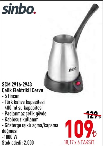 Sinbo SCM 2916-2943 Çelik Elektrikli Cezve image