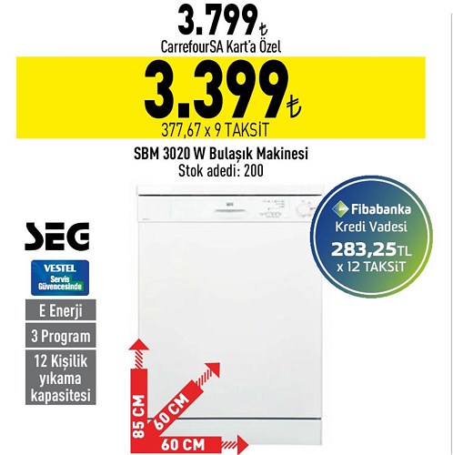 Seg SBM 3020 W Bulaşık Makinesi 3 Program image