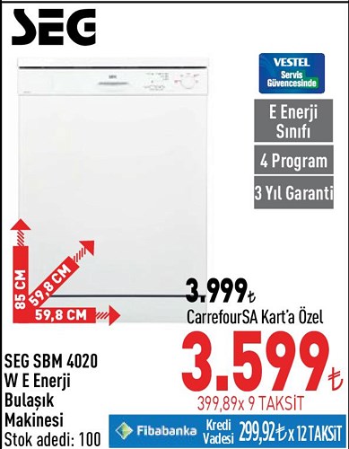 Seg SBM 4020W E Enerji 4 Program Bulaşık Makinesi image