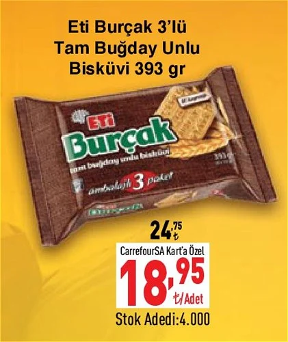 Eti Burçak 3'lü Tam Buğday Unlu Bisküvi 393 gr image