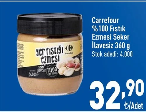 Carrefour %100 Fıstık Ezmesi Şeker İlavesiz 360 g image