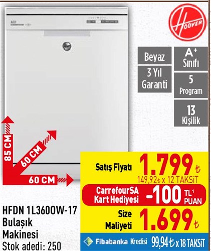 Hoover HFDN 1L3600W-17 A+ Bulaşık Makinesi image