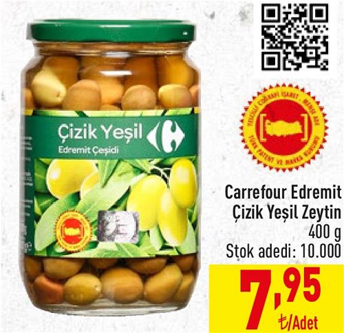 Carrefour Edremit Çizik Yeşil Zeytin 400 g  image