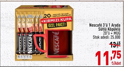 CarrefourSA Nescafe 3'ü 1 Arada Sütlü Köpüklü 20'li+Mug