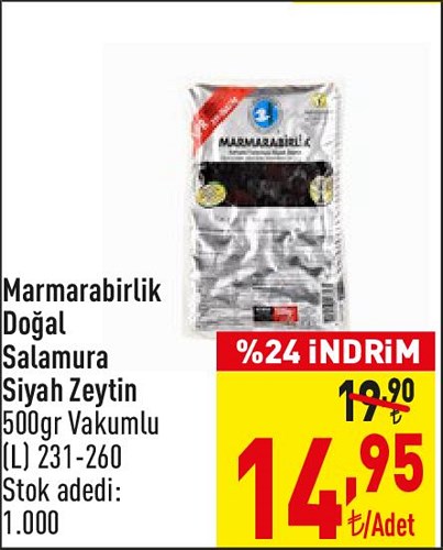 Marmarabirlik Doğal Salamura Siyah Zeytin 500 gr Vakumlu L 231-260 image