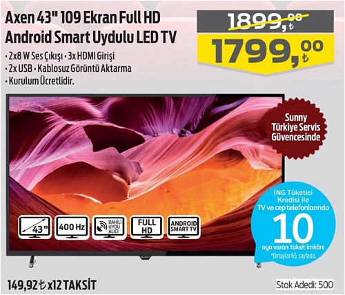 Axen 43" 109 Ekran Full HD Android Smart Uydulu LED TV image