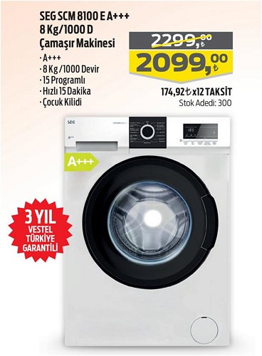 Seg SCM 8100 E A+++ 8 Kg/1000 D Çamaşır Makinesi image