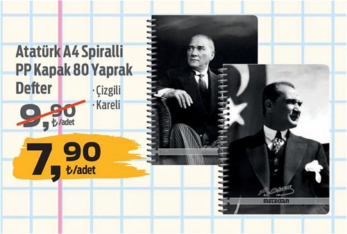 Atatürk A4 Spiralli PP Kapak 80 Yaprak Defter image