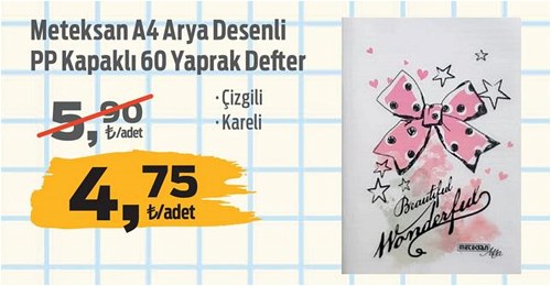 Meteksan A4 Arya Desenli PP Kapaklı 60 Yaprak Defter image