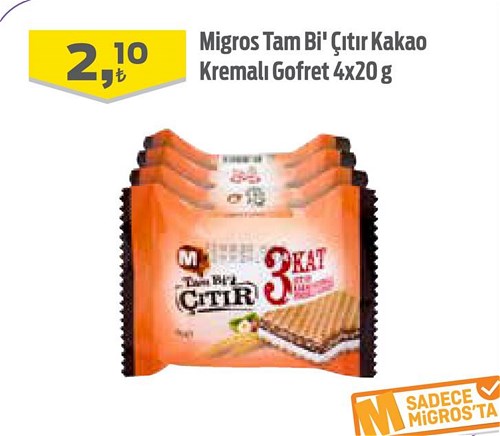 Migros Tam Bi Çıtır Kakao Kremalı Gofret 4x20 g image