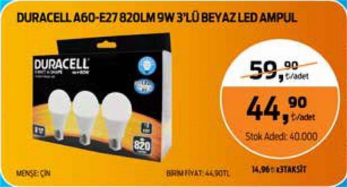 Duracell A60-E27 820LM 9 W 3'lü Beyaz Led Ampul image