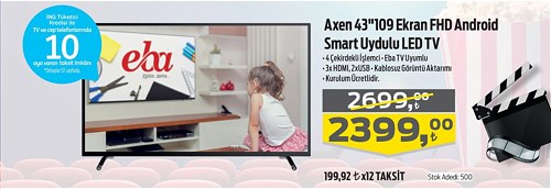 Axen 43" 109 Ekran Fhd Android Smart Uydulu Led Tv image