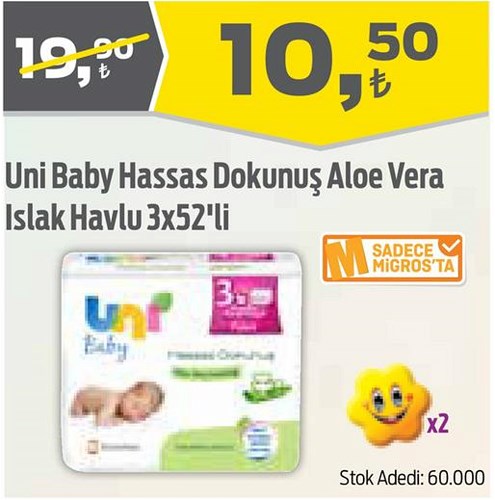 Uni Baby Hassas Dokunuş Aloe Vera Islak Havlu 3x52'li image