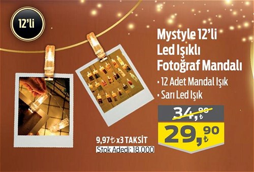 Mystyle 12'li Led Işıklı Fotoğraf Mandalı image