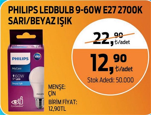 Migros Philips LedBulb 9-60W E27 2700K Sarı/Beyaz Işık