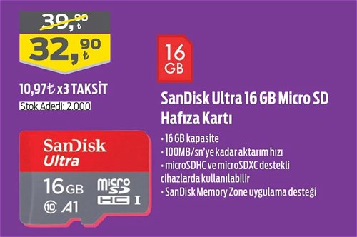 Sandisk Ultra 16 GB Micro SD Hafıza Kartı image