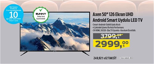 Axen 50" 126 Ekran UHD Android Smart Uydulu Led Tv image