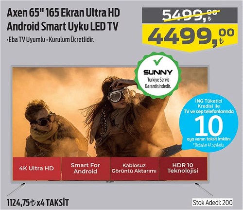 Axen 65" 165 Ekran Ultra HD Android Smart Uyku Led Tv image