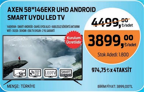 Axen 58" 146 Ekran UHD Android Smart Uydu Led Tv image