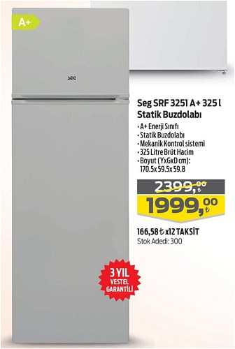 Seg SRF 3251 A+ 325 l Statik Buzdolabı image