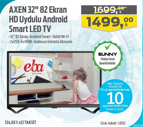Axen 32" 82 Ekran HD Uydulu Android Smart Led Tv image