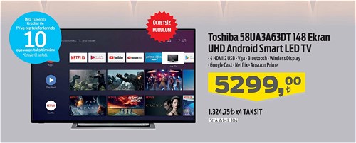 Toshiba 58UA3A63DT 148 Ekran UHD Android Smart Led Tv image