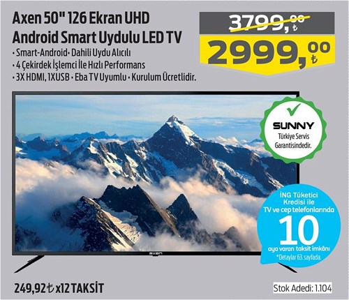 Axen 50" 126 Ekran Android Smart Uydulu Led tv image