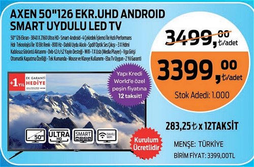 Axen 50" 126 Ekran UHD Android Smart Uydulu Led Tv image