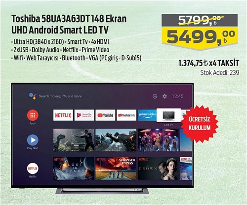 Toshiba 58UA3A63DT 148 Ekran UHD Android Smart Led Tv image