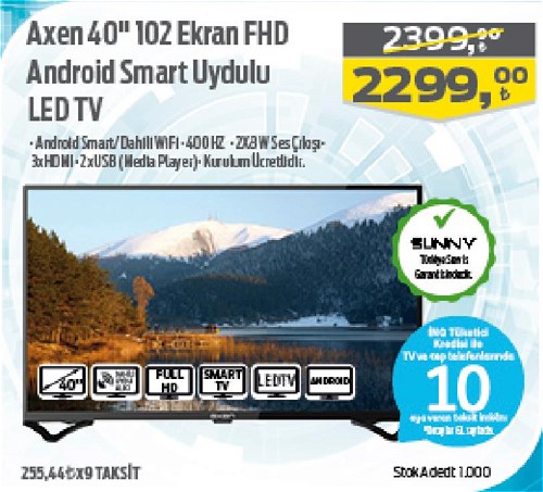 Axen 40" 102 Ekran FHD Android Smart Uydulu Led Tv image