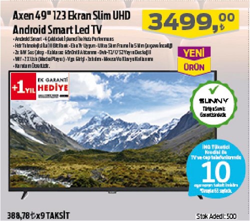 Axen 49" 123 Ekran Slim Uhd Android Smart Led Tv image