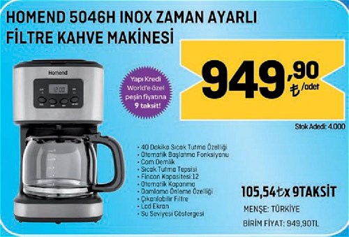 Homend 5046H Inox Zaman Ayarlı Filtre Kahve Makinesi image