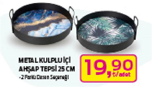 Metal Kulplu İçi Ahşap Tepsi 25 cm image