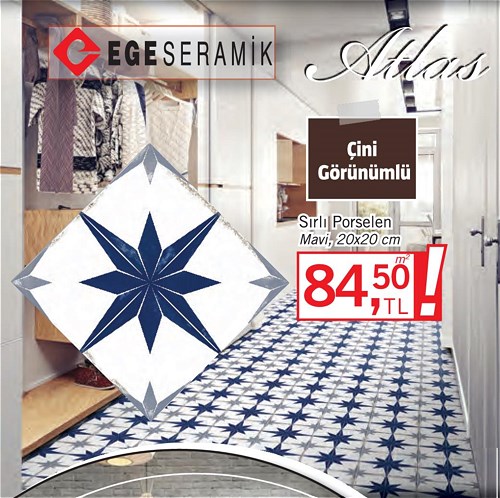 Ege Seramik Atlas Sırlı Porselen Mavi 20x20 cm m² image