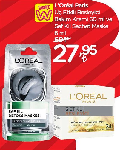 Loreal Paris Üç Etkili Besleyici Bakım Kremi 50 ml ve Saf Kil Sachet Maske 6 ml image